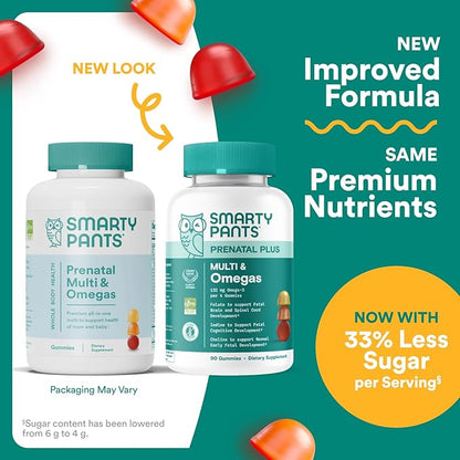 SmartyPants Prenatal Multivitamin Gummies - Improved Formula: Omega 3 (DHA/EPA), Methylfolate, Biotin, Vitamin D3, C, Vitamin B12, B6, Vitamin A, K & Zinc, Gluten Free, 90 Count (30 Day Supply)
