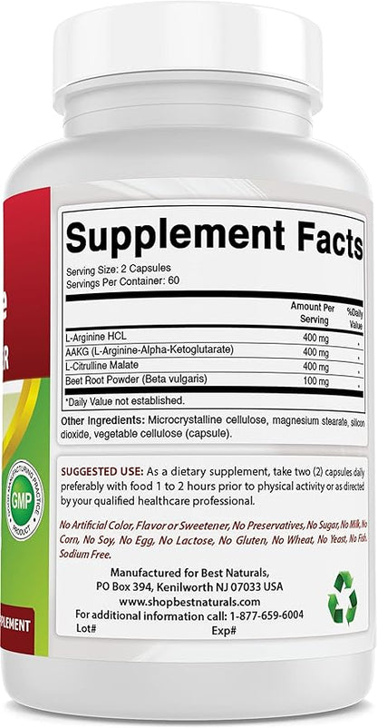 Best Naturals L-Arginine NO Booster Triple Strength 1300 mg Serving 120 Veg Capsules (120 Count (Pack of 2))