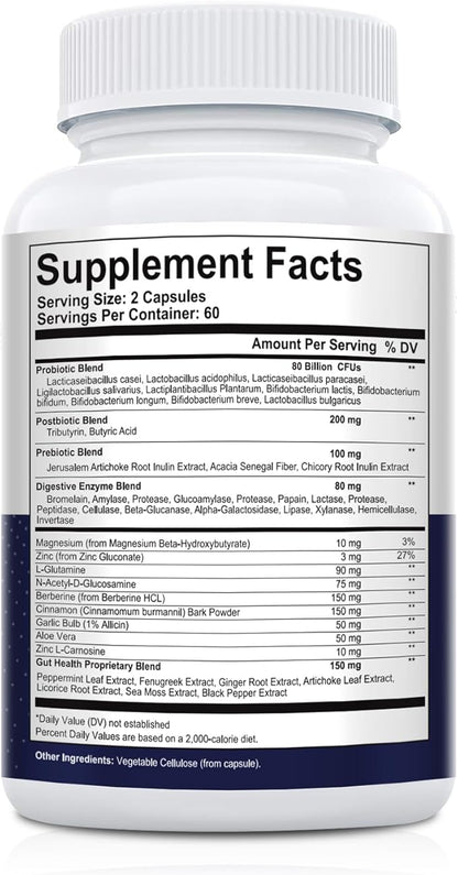 Probiotic Prebiotic, Postbiotic & Digestive Enzymes for Digestive Health, 80 Billion CFU Probiotics Complete Gut Support with Berberine, Cinnamon, L-Glutamine, for Men & Women, 120 Capsules
