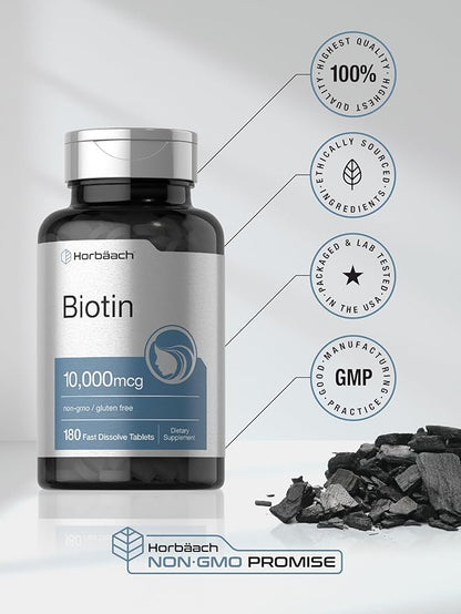 Horbäach Biotin 10000mcg | 180 Fast Dissolve Tablets | Beauty Formula | Vegetarian Supplement | Non-GMO, Gluten Free