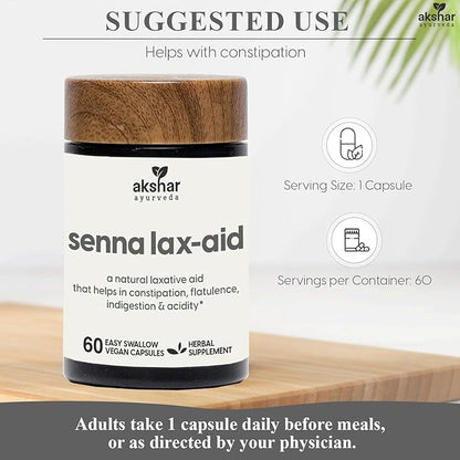 AKSHAR Ayurveda - Senna Lax Aid Herbal Constipation Relief & Laxative - Natural Bloating, Gas, Indigestion & Constipation Supplement - Vegan Cruelty Free (60 Count)