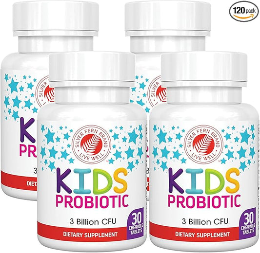 Silver Fern Brand Kids Ultimate Probiotic - 4 Bottles - 30 Chewable Tablets Each - Sugar & Gluten Free - Children's Dietary Supplement - DNA & Survivability Verified - Digestive & Immune Support
