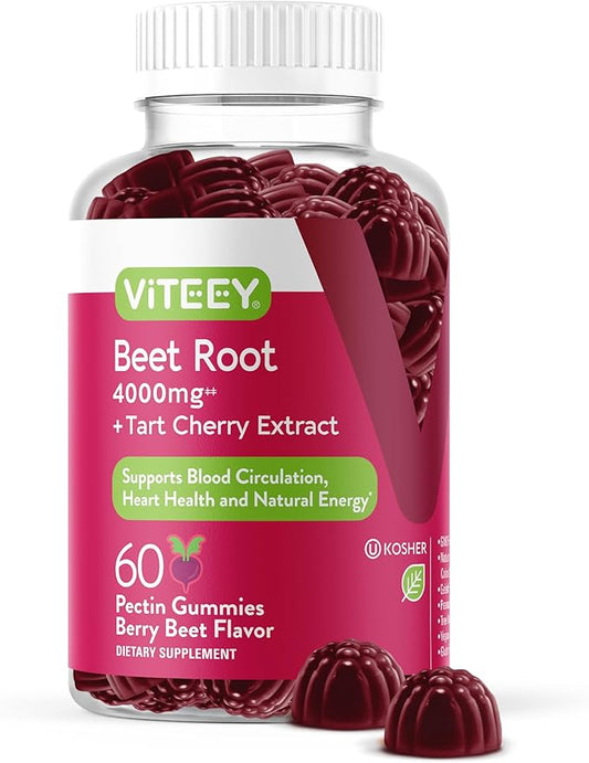 Viteey Beet Root Gummies 4000mg with Tart Cherry - for Healthy Blood Pressure Support - Vegan, Gelatin Free, Gluten Free - Tasty Chewable Berry Beet Flavored Gummy