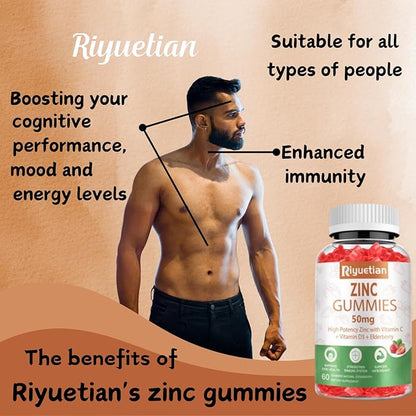 Zinc Gummies - 50mg High Potency Zinc with Vitamin C + Vitamin D3 + Elderberry - Immune Health Support - Vegan, Non-GMO and Gluten Free - 60 Gummies