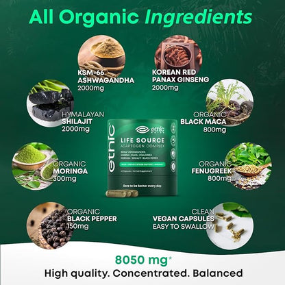 Organic KSM66 Ashwagandha Blend for Mood Boost and Stress Support with Maca Ginseng Shilajit Moringa Fenugreek. Natural Multivitamin Supplements for Women and Men 60 Capsules