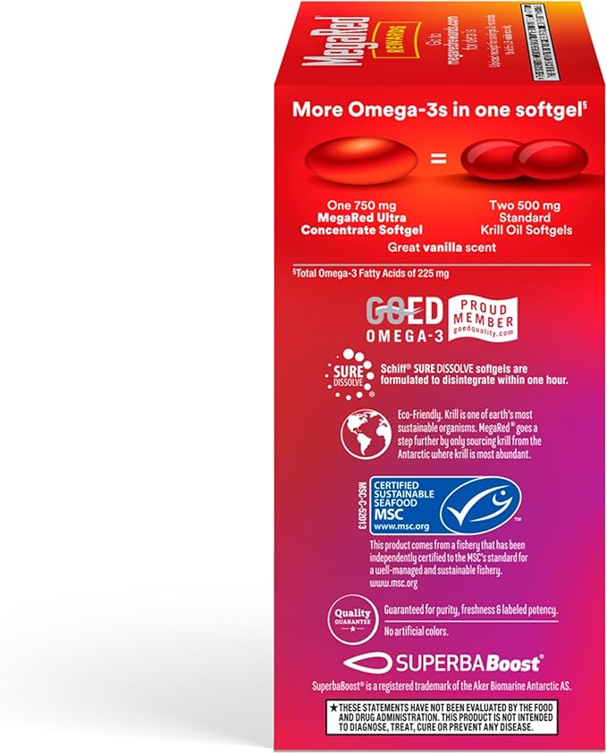 MegaRed Antarctic Krill Oil 750mg, Omega 3 Fatty Acid Supplement, Ultra Concentrate EPA & DHA Softgels, Antioxidant Astaxanthin, Heart Health Supplement with No Fish Oil Aftertaste, 80ct