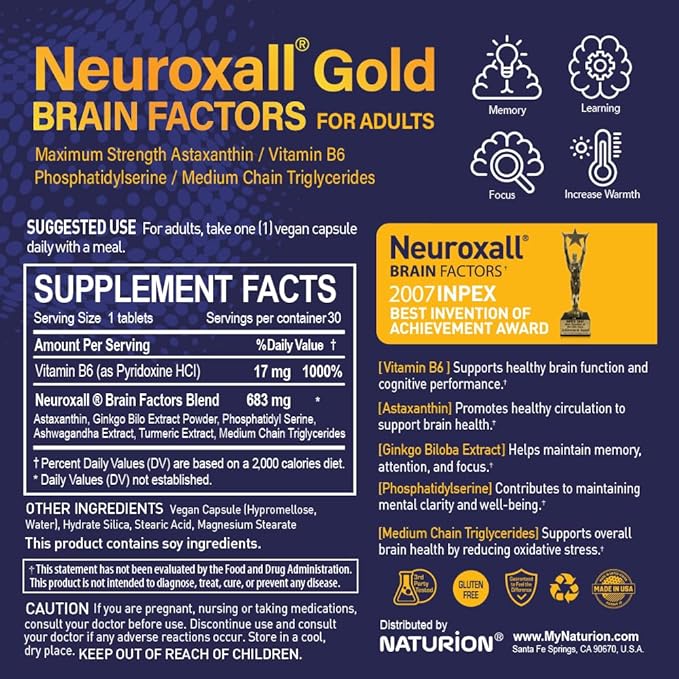 Neuroxall Gold Brain Factors for Adults - Cognitive & Mental Wellness Support with Vitamin B6, Astaxanthin, Ginkgo Biloba, Ashwagandha & Turmeric & - 30 Vegan Capsules, 30 Day Supply