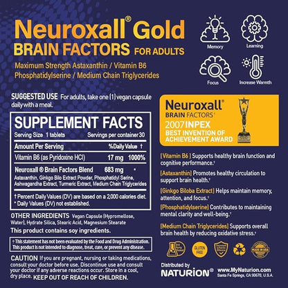 Neuroxall Gold Brain Factors for Adults - Cognitive & Mental Wellness Support with Vitamin B6, Astaxanthin, Ginkgo Biloba, Ashwagandha & Turmeric & - 30 Vegan Capsules, 30 Day Supply