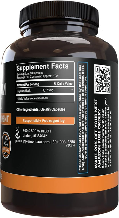 PURE ORIGINAL INGREDIENTS Psyllium Husk (365 Capsules) No Magnesium Or Rice Fillers, Always Pure, Lab Verified