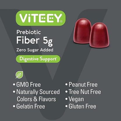 Viteey Prebiotic Fiber Gummies for Adults, 5g - Zero Sugar Added - Fiber Supplement for Digestive Health Regularity & Natural Weight Support - Vegan, Gelatin Free - Chewable Fruit Flavored Gummy