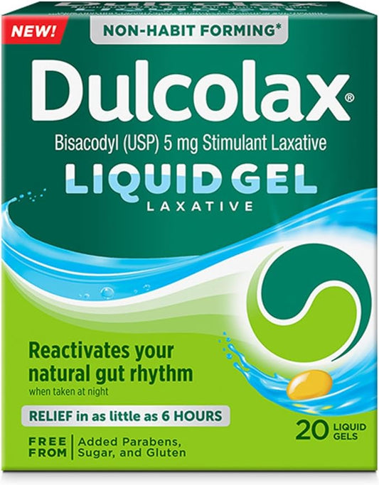 Dulcolax Stimulant Laxative Liquid Gels, Predictable & Effective Constipation Relief, Relieves Constipation Related Symptoms, Bisacodyl 5 mg, No Added Parabens, Gluten-Free & Sugar-Free, 20-Count