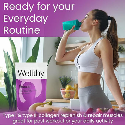 Wellthy Collagen Peptides Protein Powder - Grass Fed Hydrolyzed Collagen for Hair Growth, Skin, Nails, Gut and Joint Support - 20,000mg Collagen & 18g Protein | Unflavored (15 Servings)