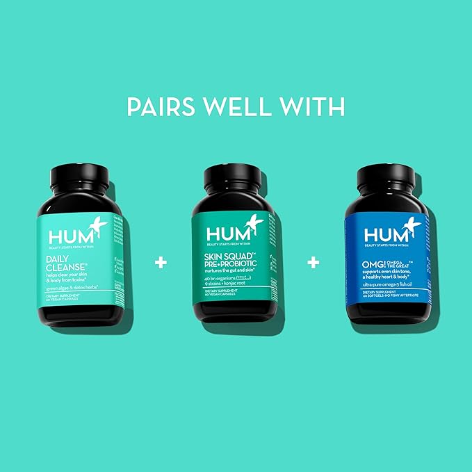HUM Daily Cleanse Acne Supplement - Gut Cleanse Detox for Clear Skin with Organic Algae, Detoxifying Herbs, Zinc & Spirulina | Clear Skin Supplement (60 Capsules)