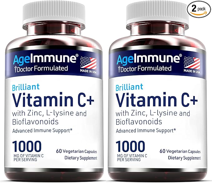 Vitamin C 1000mg Complex with L-Lysine 500mg, Zinc Gluconate 12mg, Bioflavonoids 300mg. Doctor Formulated Magnesium Stearate Free Supplements for Healthy Immune System Support. Two Bottles.(2)