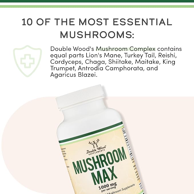 Double Wood Supplements Mushroom Complex Supplement - 1,000mg - 10 Most Essential Mushrooms (Lion's Mane, Reishi, Cordyceps, and More), 120 Capsules