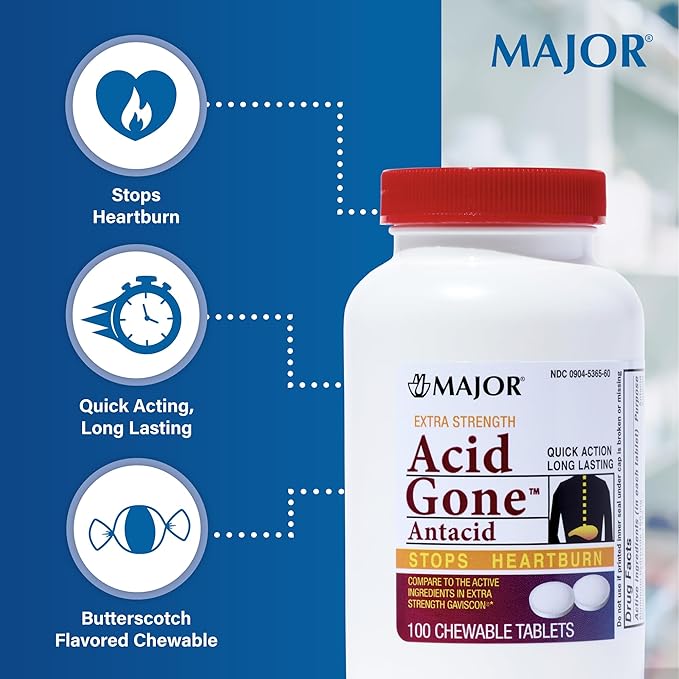 Major Acid Gone Extra Strength Antacid Chewable Tablets - Anti-Acid Relief - Acid Reflux Medicine for Adults - Upset Stomach, Acid Indigestion, and Heartburn Relief - Long-Lasting - 100-Count (2 Pack)