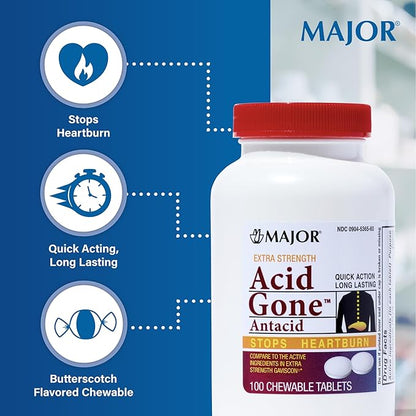 Major Acid Gone Extra Strength Antacid Chewable Tablets - Anti-Acid Relief - Acid Reflux Medicine for Adults - Upset Stomach, Acid Indigestion, and Heartburn Relief - Long-Lasting - 100-Count (2 Pack)