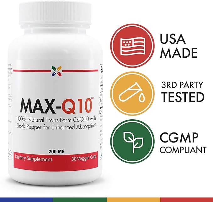 Stop Aging Now MAX-Q10 CoEnzyme Formulated with Kaneka Q10 and Enhanced BioPerine Black Pepper Extract for High Absorption, Heart Health, Energy Production 200 mg Capsules
