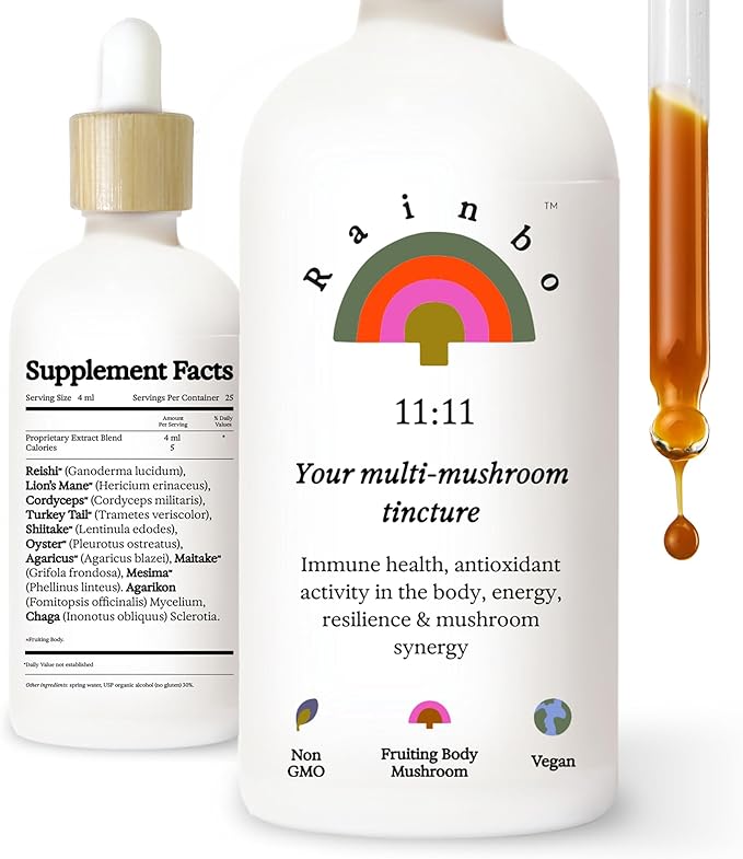 11:11 Multi Mushroom Tincture, Dual Extract Mushroom Supplement for Comprehensive Immune Support, Brain Support, Liquid Lion's Mane & Turkey Tail, Vegan, Non GMO, 3.4 fl oz