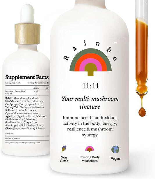11:11 Multi Mushroom Tincture, Dual Extract Mushroom Supplement for Comprehensive Immune Support, Brain Support, Liquid Lion's Mane & Turkey Tail, Vegan, Non GMO, 3.4 fl oz