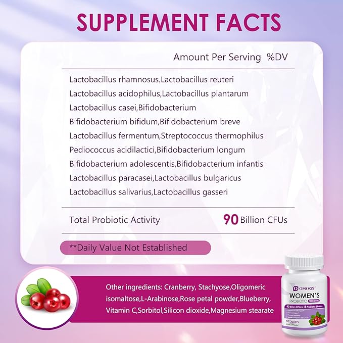 Women's Probiotic, with Cranberry Extract, Organic Prebiotics & Vitamin C, 90 Billion CFUs,18 Strains, Help for Boost Immune, Digestive, Gut Health & Women's Health, Gluten & Soy Free,90 Tablets