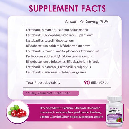 Women's Probiotic, with Cranberry Extract, Organic Prebiotics & Vitamin C, 90 Billion CFUs,18 Strains, Help for Boost Immune, Digestive, Gut Health & Women's Health, Gluten & Soy Free,90 Tablets