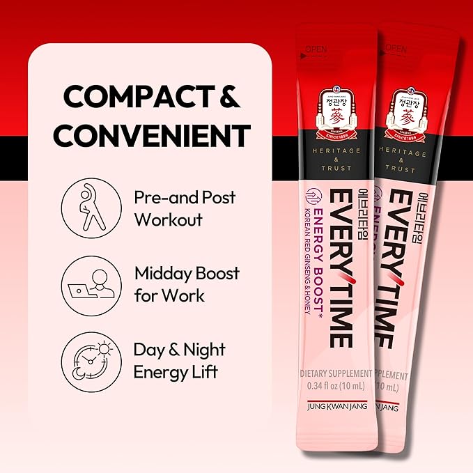 Everytime Energy Boost Korean Red Ginseng Extract 1,000mg & Honey - Vegan Ginseng Energy Drink Liquid Stick Supplements - Builds Stamina & Immunity No Caffeine (30 Sticks, 0.34 fl oz)