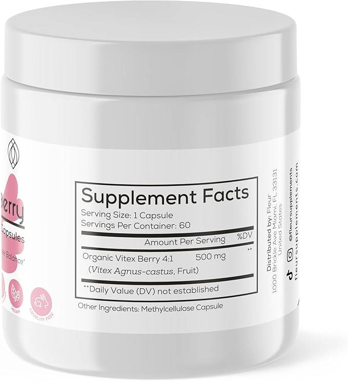 FLEUR Vitex Capsules, Vitex Chasteberry for Hormone Balance for Women, PCOS Supplement Helps Maintain Progesterone Level for Menstrual Cycle Support, Fertility & PMS Support, 500mg, 60Ct