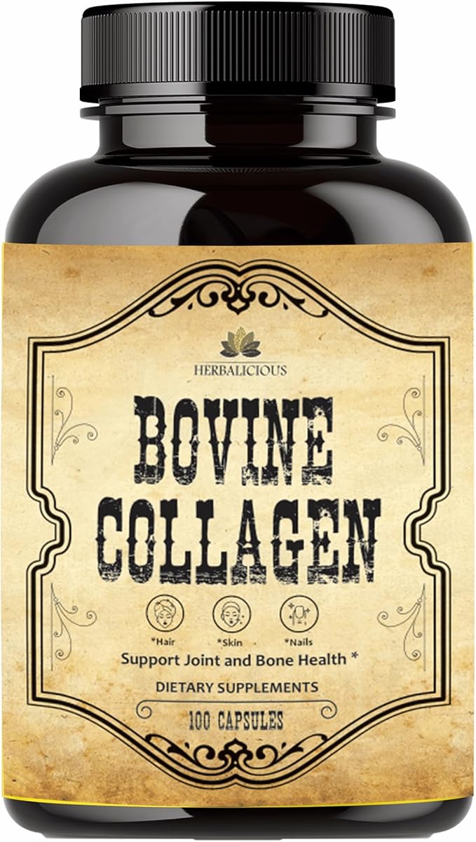 Bovine Collagen Supplements for Men and Women I Hydrolyzed Grass Fed Bovine Collagen Peptides Dietary Supplement for Joint, Nerve & Bone Support - Non-GMO, Anti-Aging - 100 Capsules