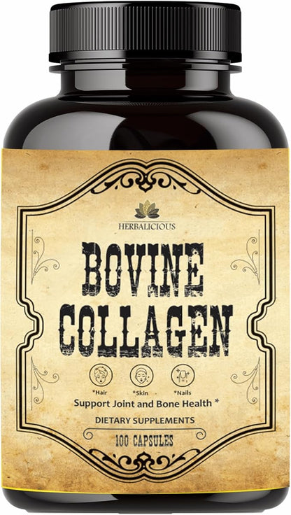 Bovine Collagen Supplements for Men and Women I Hydrolyzed Grass Fed Bovine Collagen Peptides Dietary Supplement for Joint, Nerve & Bone Support - Non-GMO, Anti-Aging - 100 Capsules