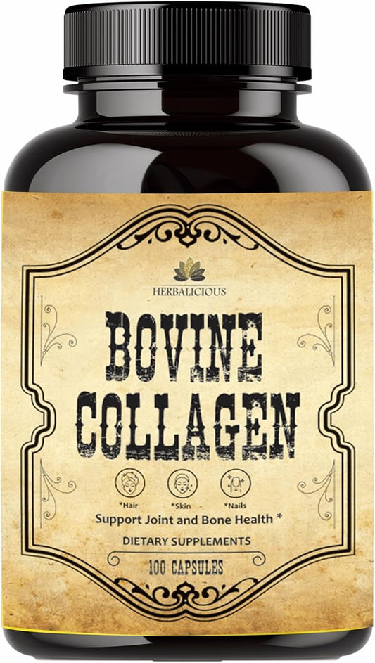 Bovine Collagen Supplements for Men and Women I Hydrolyzed Grass Fed Bovine Collagen Peptides Dietary Supplement for Joint, Nerve & Bone Support - Non-GMO, Anti-Aging - 100 Capsules