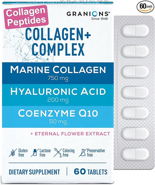 Marine Collagen Pills Complex – 750mg Hydrolyzed Marine Collagen Peptides, 200mg Hyaluronic Acid Supplement, Coenzyme Q10 CoQ10, Eternal Flower Hydration, Age Defense Supplements - 60 Sealed Tablets