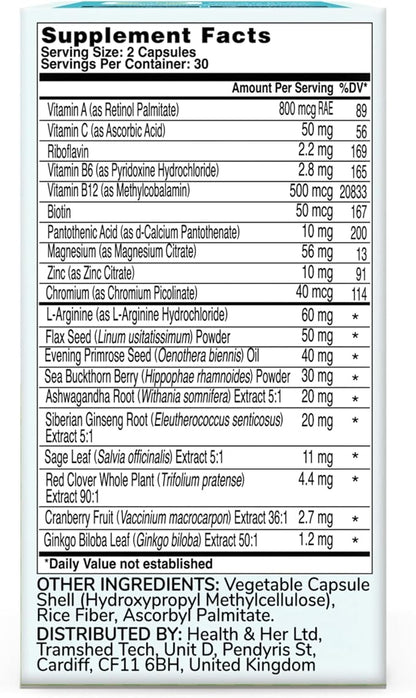 Health & Her Menopause Supplements for Women - Multi-Nutrient Support, Menopause Vitamins for Energy, Bones, Muscles, Skin & Hair, Vegan, Gluten-Free, Non GMO (60ct - 1 Month)