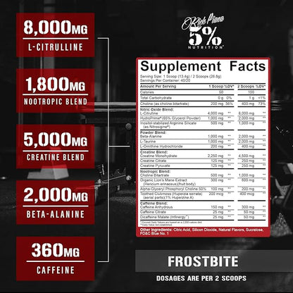 5% Nutrition Rich Piana Reloaded High Stim Pre-Workout | Ultra Energy, Focus, Pumps, Power & Endurance | Citrulline, GlycerSize, Nitrosigine, Creatine, Choline, Huperzine A (Frostbite)
