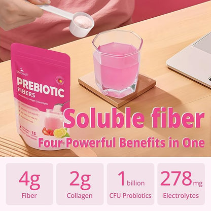 Fiber Supplement Powder with Probiotics & Collagen – Supports Digestive Regularity, Gut Balance & Debloating | Soluble Fiber Powder, Vegan Diets, Strawberry Lemon Flavor, 15 Servings