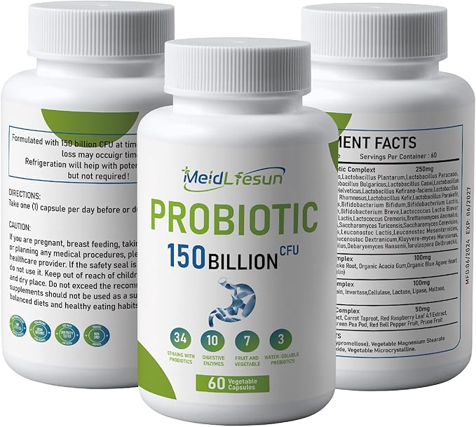 Organic Probiotic and Prebiotics,150 Billion CFU 34 Strains, Digestive Enzymes,for Men and Women, 60 Vegan Capsules for Gut Health & Digestive Support, Non-GMO, Gluten Free