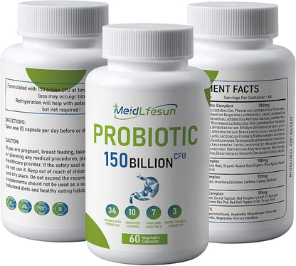 Organic Probiotic and Prebiotics,150 Billion CFU 34 Strains, Digestive Enzymes,for Men and Women, 60 Vegan Capsules for Gut Health & Digestive Support, Non-GMO, Gluten Free