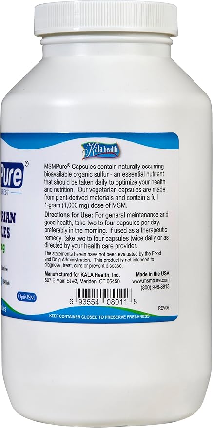 Kala Health MSMPure Vegetarian Capsules, 250 Count, Made with Organic Sulfur Crystals, 99.99% Pure Distilled MSM Supplement, 1,000 mg per Capsule, Made in USA