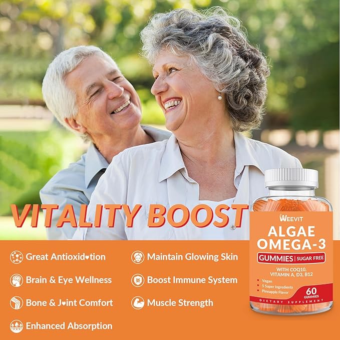 Vegan Omega 3 Gummies, Algae Omega-3 Supplement DHA 240mg, EPA 110mg w/Vitamin B12, CoQ10, Fish Oil Alternative for Adults - Brain, Bone, Eye & Immunity Support