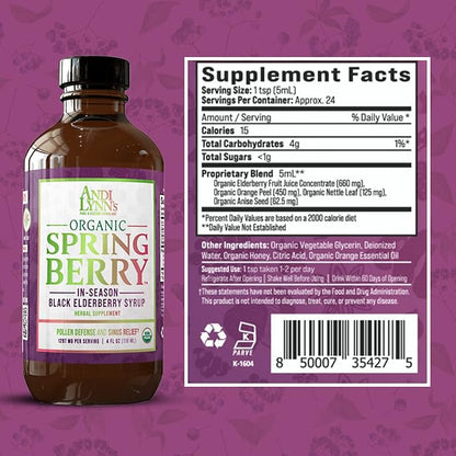 Andi Lynn’s SpringBerry, Organic Black Elderberry Syrup, Pollen Defense & Sinus Relief for Seasonal Allergies, Herbal Immune Support Supplement for Kids & Adults (3-Pack)