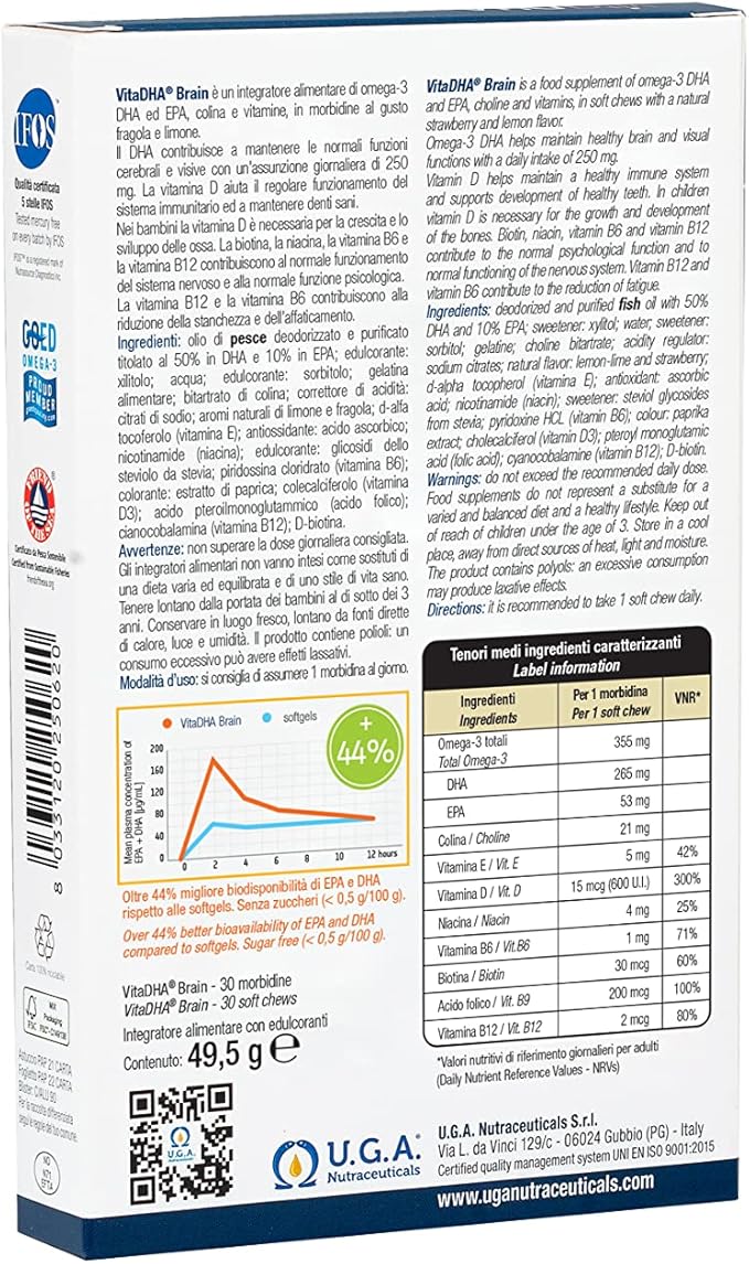 VitaDHA Brain Omega 3 for Kids 3+ IFOS Certified (60 Jellies) - No Fishy Aftertaste, Sugar Free - with Vitamin D3 and B - Strawberry and Lemon Flavour