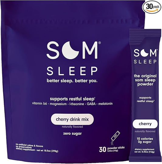 Som Sleep, Calm Sleep Aid Powder Drink Mix, 3mg Melatonin, Magnesium, Vitamin B6, L-Theanine & GABA – Vegan, Zero Sugar, Keto Friendly – Cherry, 30-Pack