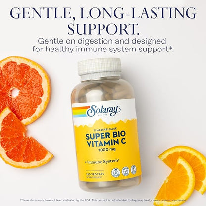 Solaray Super Bio Vitamin C 1000mg, Buffered, Time Release Capsules with Bioflavonoids, Two-Stage for High Absorption & All Day Immune Support, Vegan, 60 Day Guarantee, 125 Servings, 250 VegCaps