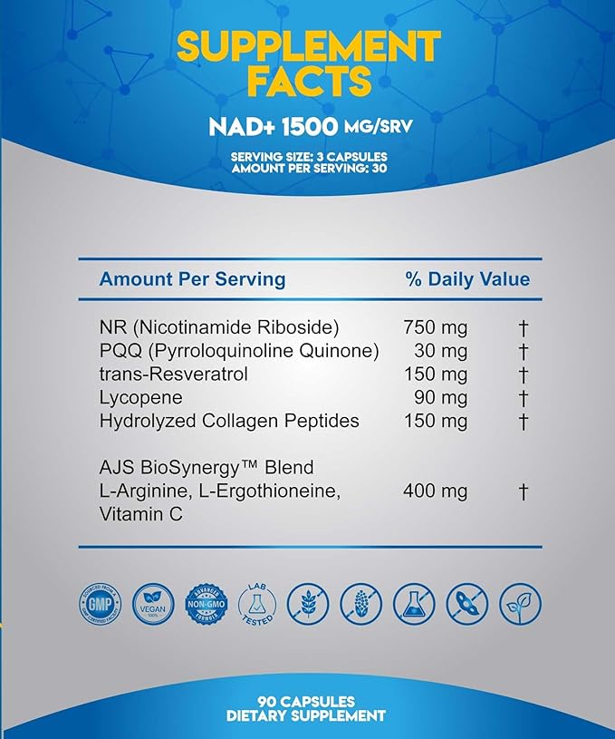 AJS NAD+ Cellular Energy – NR Supplement with PQQ, Resveratrol, Lycopene, Spermidine, L-Ergothioneine, and Collagen Peptides – 90 Capsules for Cellular Support & Skin Health