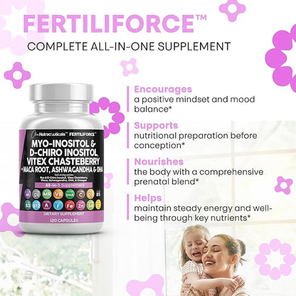 Clean Nutraceuticals Myo-Inositol & D-Chiro Inositol 2050mg Fertility Supplement 40:1 Ratio - Prenatal Vitamins for Women with Ashwagandha Maca Root Vitex Chasteberry Iron DHA Folic Acid DIM Zinc (1)