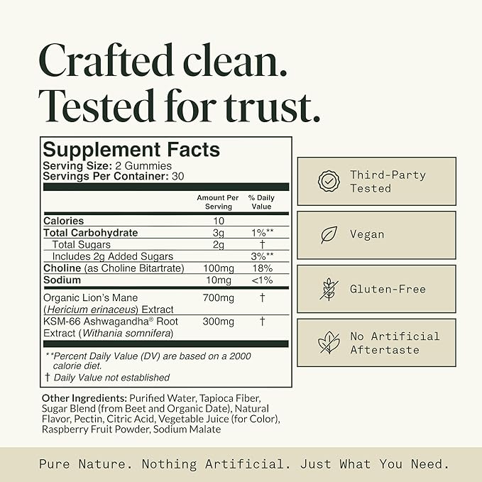 Memory Gummies with Lion’s Mane, Ashwagandha & Choline, Mushroom Gummies, Brain Supplements for Memory and Focus– Vegan, Gluten-Free, Sweet and Sour Flavor | 60 Gummies, 1 Month Supply