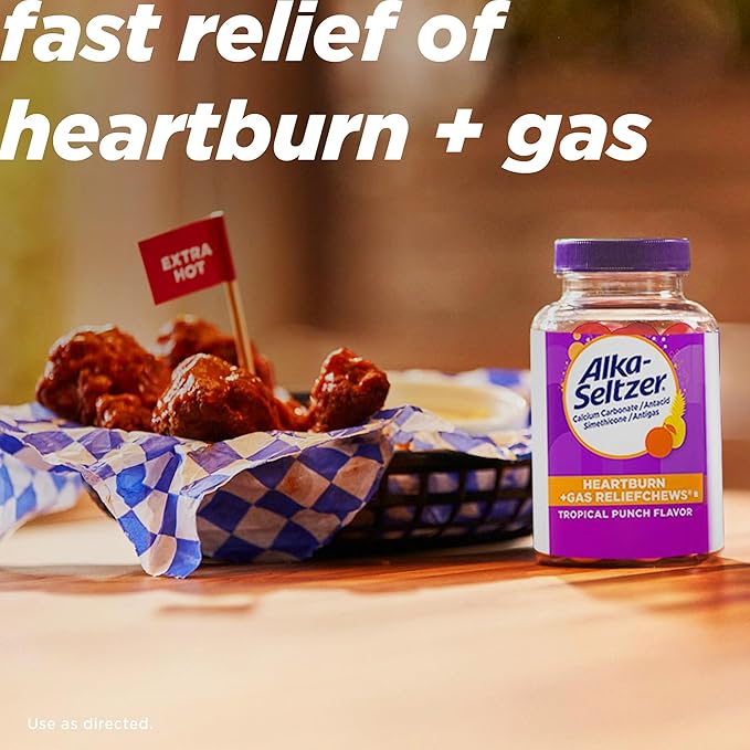 Alka-Seltzer Heartburn+Gas ReliefChews, Fast Antacid + Antigas Relief from Heartburn, Bloating, and Pressure, Fast Acting, Tropical Flavored Heartburn Medicine, 180 Ct (Package May Vary)