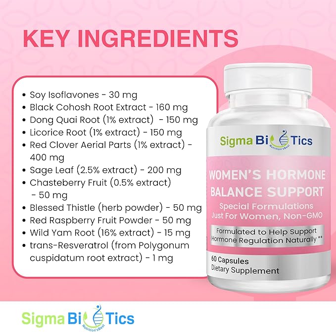 Women’s Hormone Balance Support - Herbal Supplement for Menopause, Hormonal & Reproductive Health - Non-GMO Supplements with Soy Isoflavones, Black Cohosh, Dong Quai - 60 Capsules