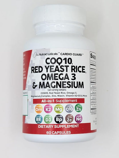 Clean Nutraceuticals COQ10 200mg Red Yeast Rice Omega 3 Magnesium Complex 500mg Niacin Zinc Vitamin K2 D3 - Heart Support Vitamins for Women & Men w/Vitamin B3, Coenzyme Q10-60 Ct