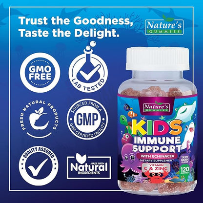 Kids Immune Support Gummies with Echinacea, Zinc & Vitamin C - Berry Flavor Chewable Kids Immunity Gummy Support, Non-GMO Gluten-Free Vegan - Daily Childrens Vitamins with Immune Support - 120 Gummies